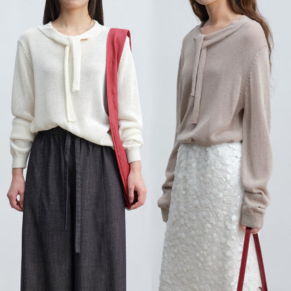 Soft & Skin-Friendly Tie-Neck Long Sleeve Knit Sweater | New Arrivals