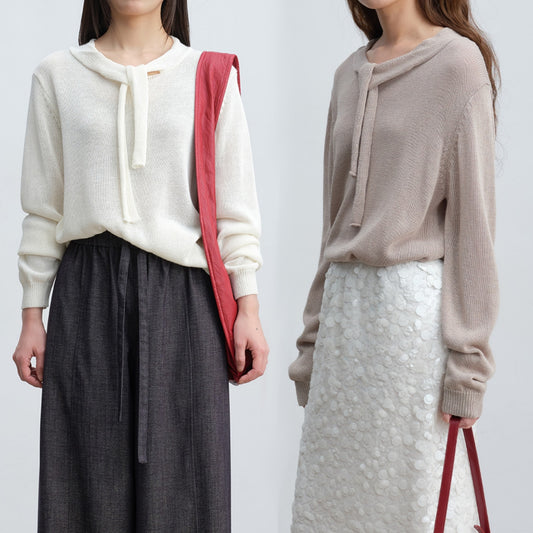 Soft & Skin-Friendly Tie-Neck Long Sleeve Knit Sweater | New Arrivals