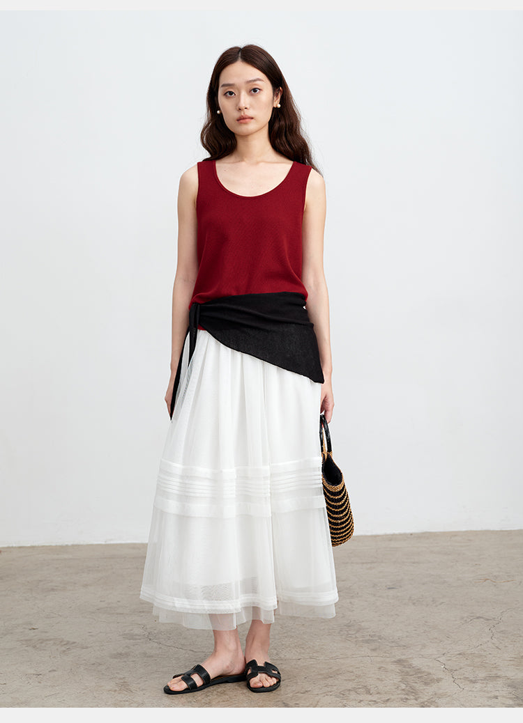 White Striped Mesh Tulle Midi Skirt with Elastic Waist | New Arrivals