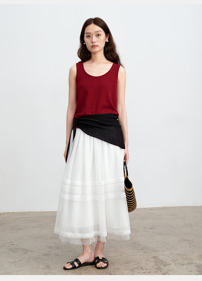 White Striped Mesh Tulle Midi Skirt with Elastic Waist | New Arrivals