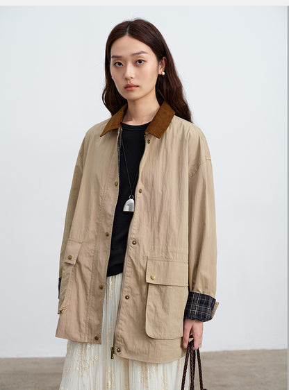 Khaki Corduroy Collar Casual Cotton-Blend Jacket | Spring Summer Coat | New Arrivals