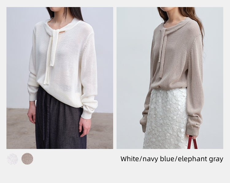 Soft & Skin-Friendly Tie-Neck Long Sleeve Knit Sweater | New Arrivals
