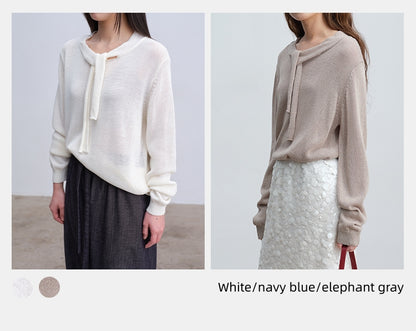 Soft & Skin-Friendly Tie-Neck Long Sleeve Knit Sweater | New Arrivals