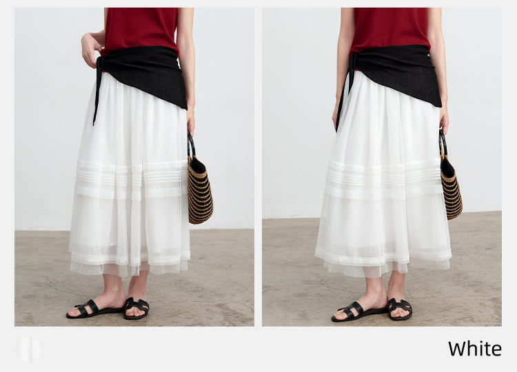 White Striped Mesh Tulle Midi Skirt with Elastic Waist | New Arrivals