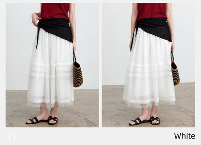 White Striped Mesh Tulle Midi Skirt with Elastic Waist | New Arrivals