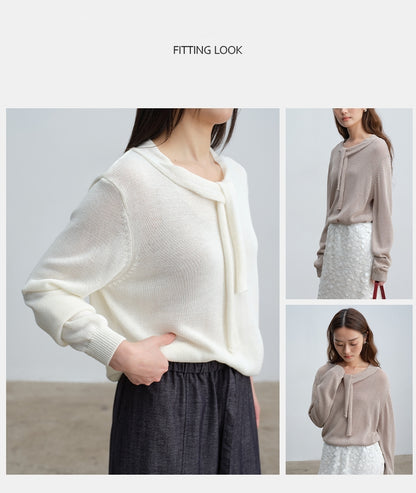Soft & Skin-Friendly Tie-Neck Long Sleeve Knit Sweater | New Arrivals