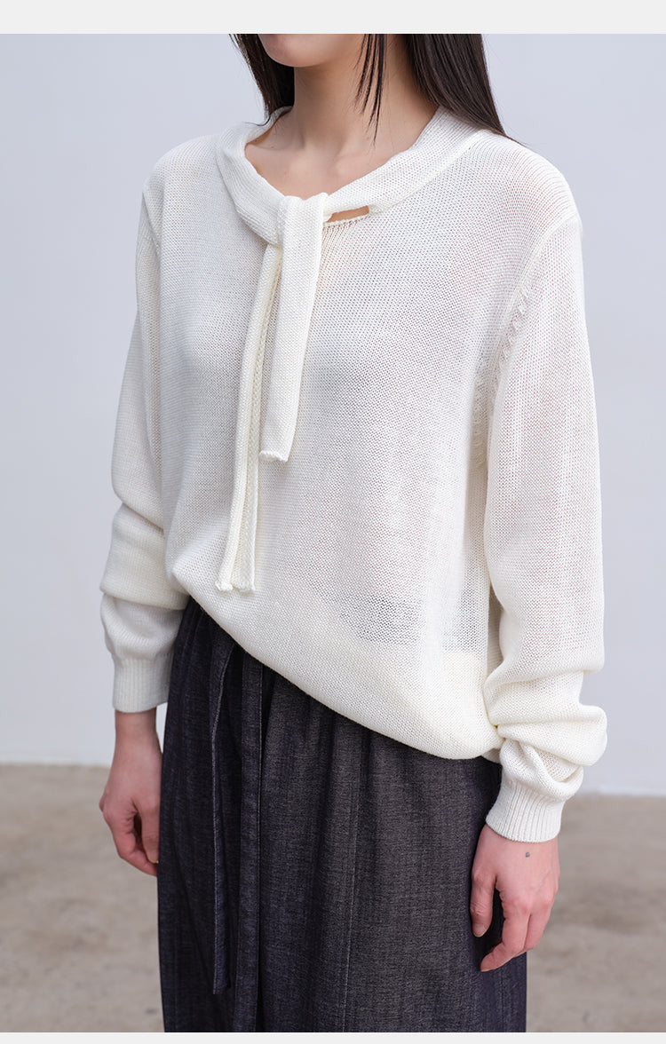Soft & Skin-Friendly Tie-Neck Long Sleeve Knit Sweater | New Arrivals