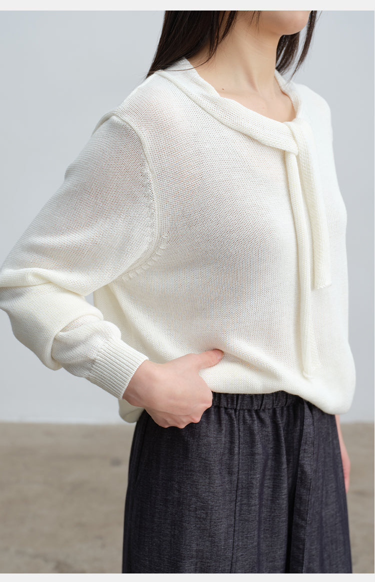 Soft & Skin-Friendly Tie-Neck Long Sleeve Knit Sweater | New Arrivals