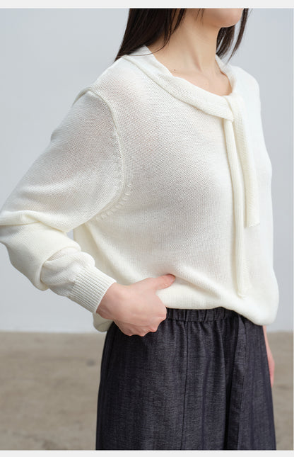Soft & Skin-Friendly Tie-Neck Long Sleeve Knit Sweater | New Arrivals