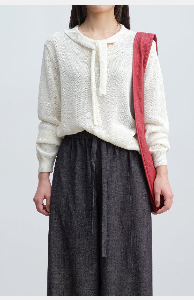 Soft & Skin-Friendly Tie-Neck Long Sleeve Knit Sweater | New Arrivals