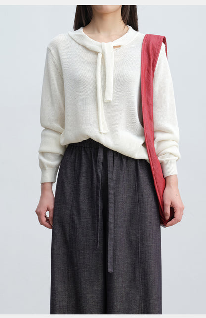 Soft & Skin-Friendly Tie-Neck Long Sleeve Knit Sweater | New Arrivals