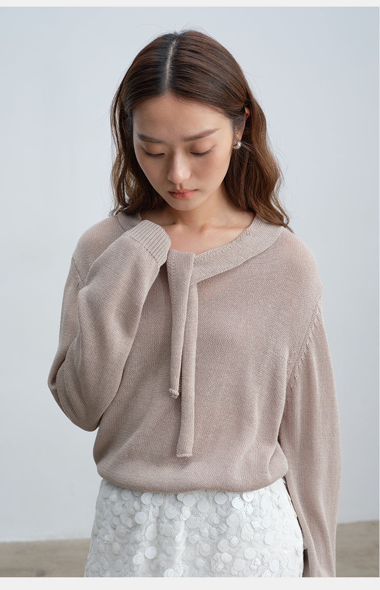Soft & Skin-Friendly Tie-Neck Long Sleeve Knit Sweater | New Arrivals