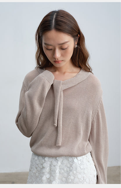 Soft & Skin-Friendly Tie-Neck Long Sleeve Knit Sweater | New Arrivals