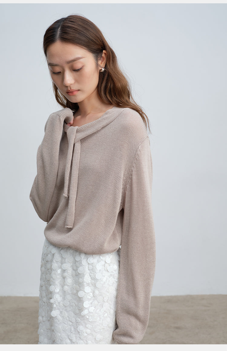 Soft & Skin-Friendly Tie-Neck Long Sleeve Knit Sweater | New Arrivals