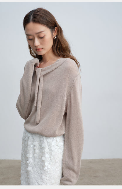 Soft & Skin-Friendly Tie-Neck Long Sleeve Knit Sweater | New Arrivals