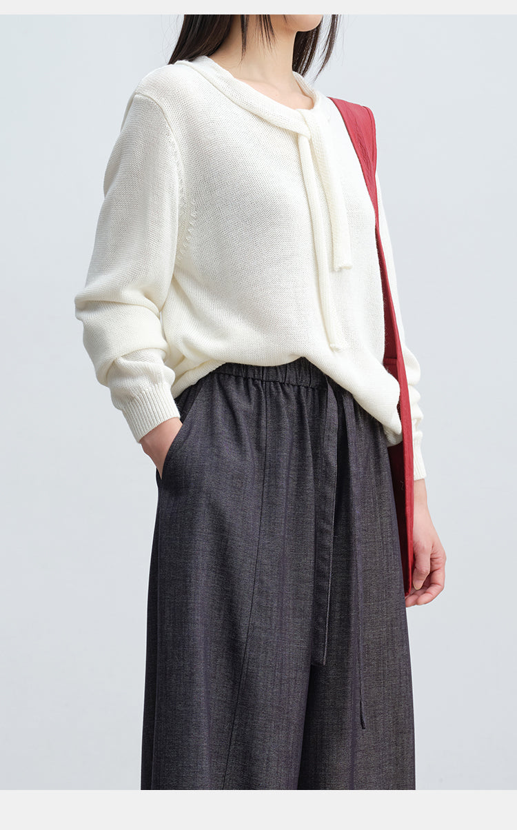 Soft & Skin-Friendly Tie-Neck Long Sleeve Knit Sweater | New Arrivals
