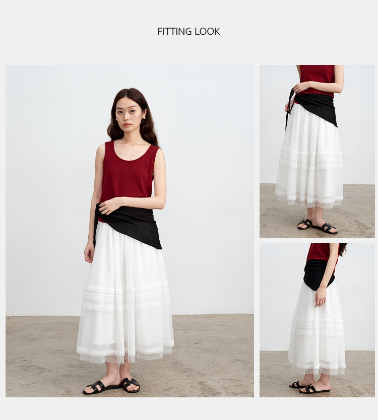 White Striped Mesh Tulle Midi Skirt with Elastic Waist | New Arrivals