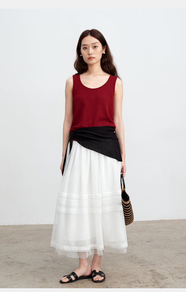 White Striped Mesh Tulle Midi Skirt with Elastic Waist | New Arrivals