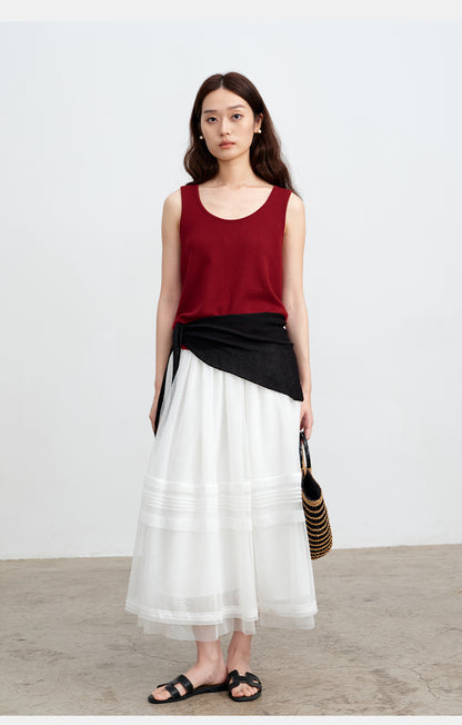 White Striped Mesh Tulle Midi Skirt with Elastic Waist | New Arrivals