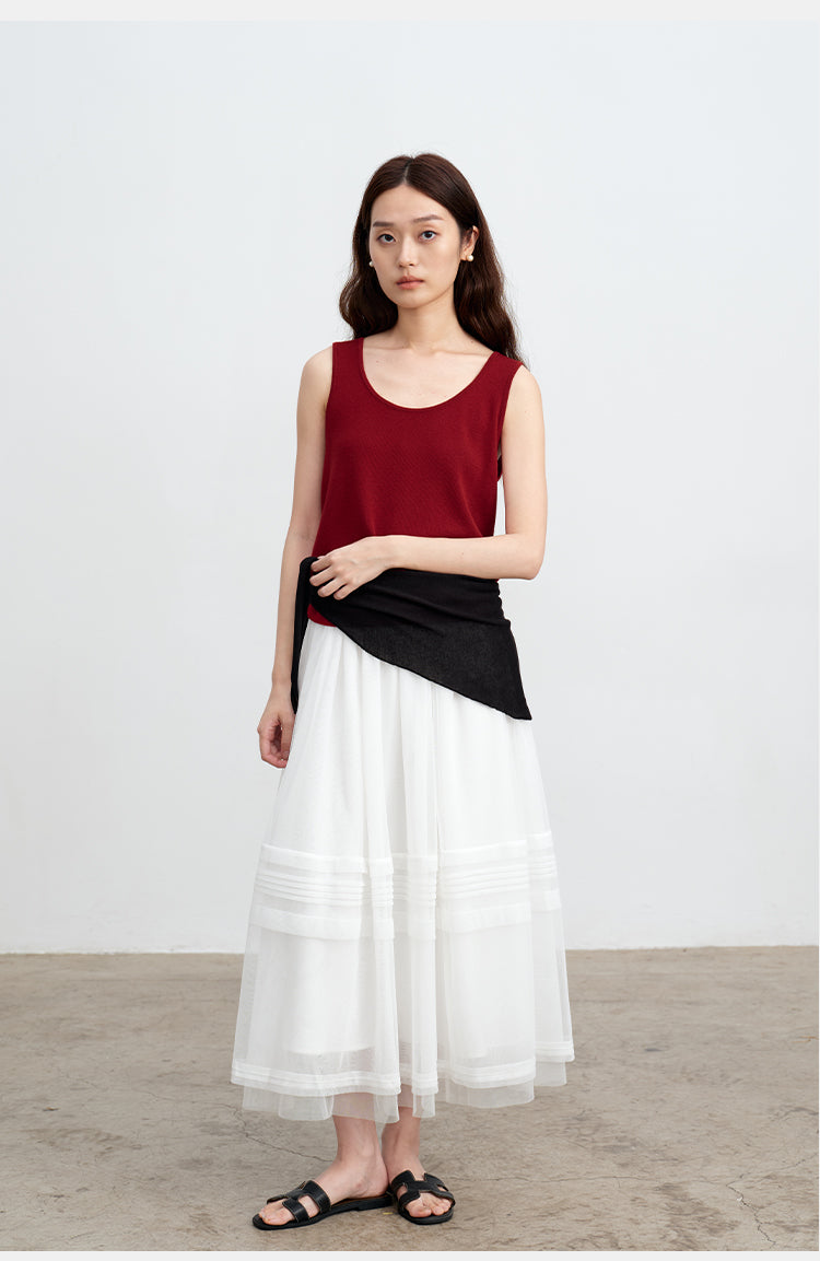 White Striped Mesh Tulle Midi Skirt with Elastic Waist | New Arrivals