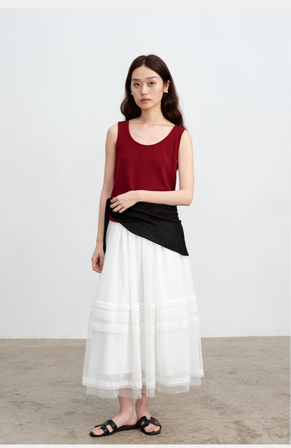 White Striped Mesh Tulle Midi Skirt with Elastic Waist | New Arrivals