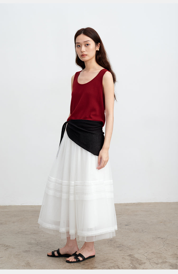 White Striped Mesh Tulle Midi Skirt with Elastic Waist | New Arrivals