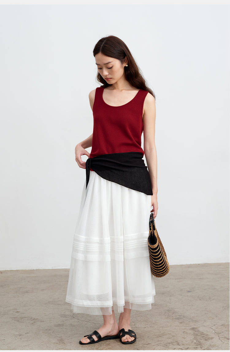 White Striped Mesh Tulle Midi Skirt with Elastic Waist | New Arrivals