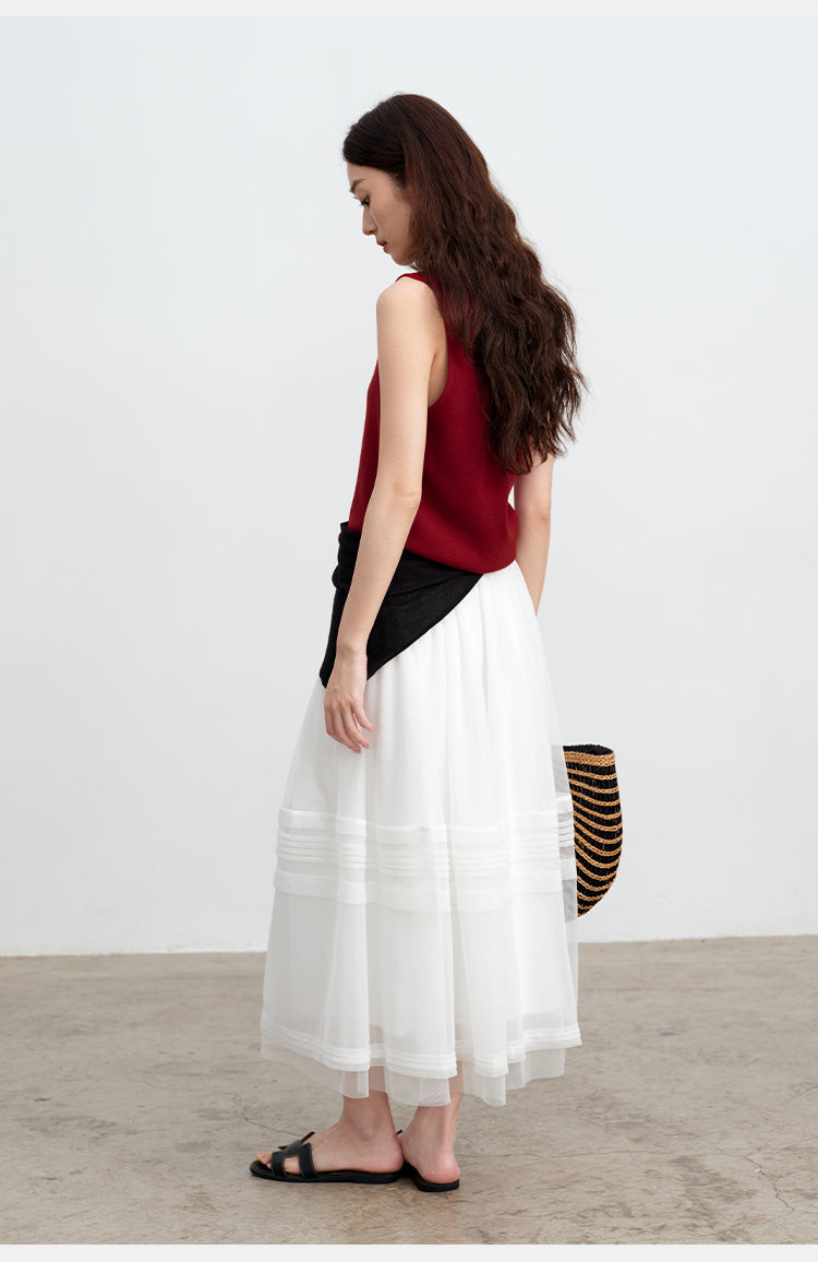 White Striped Mesh Tulle Midi Skirt with Elastic Waist | New Arrivals