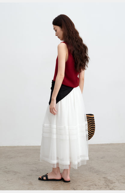White Striped Mesh Tulle Midi Skirt with Elastic Waist | New Arrivals
