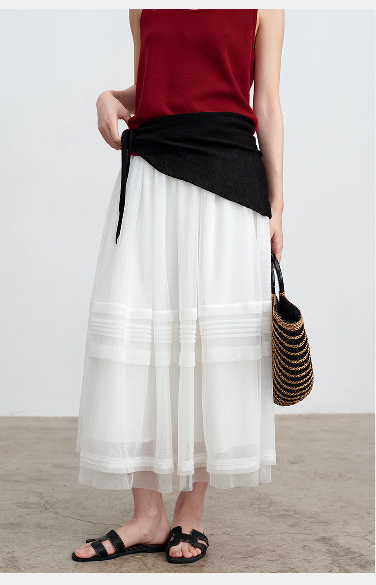 White Striped Mesh Tulle Midi Skirt with Elastic Waist | New Arrivals