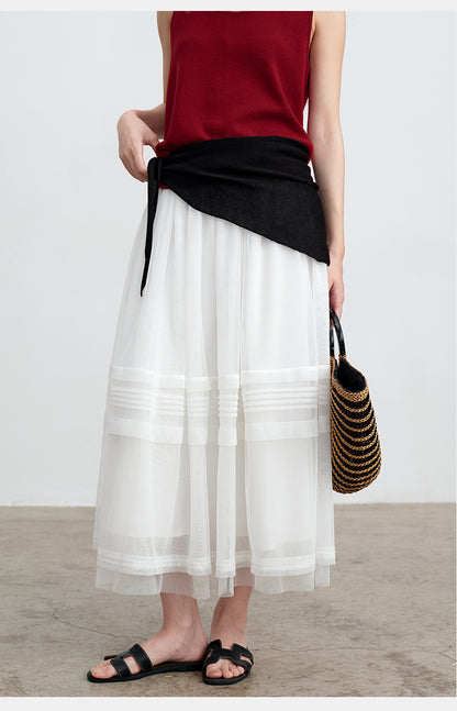 White Striped Mesh Tulle Midi Skirt with Elastic Waist | New Arrivals