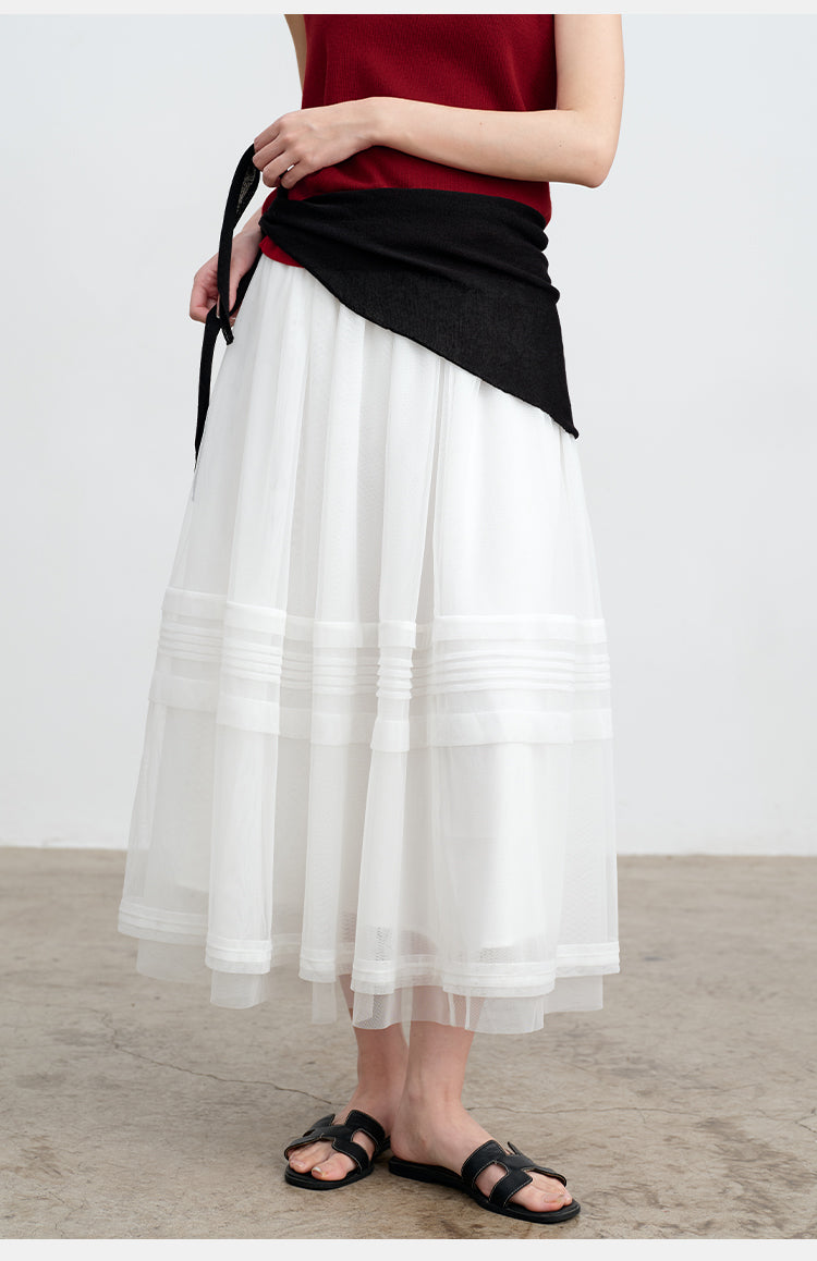 White Striped Mesh Tulle Midi Skirt with Elastic Waist | New Arrivals