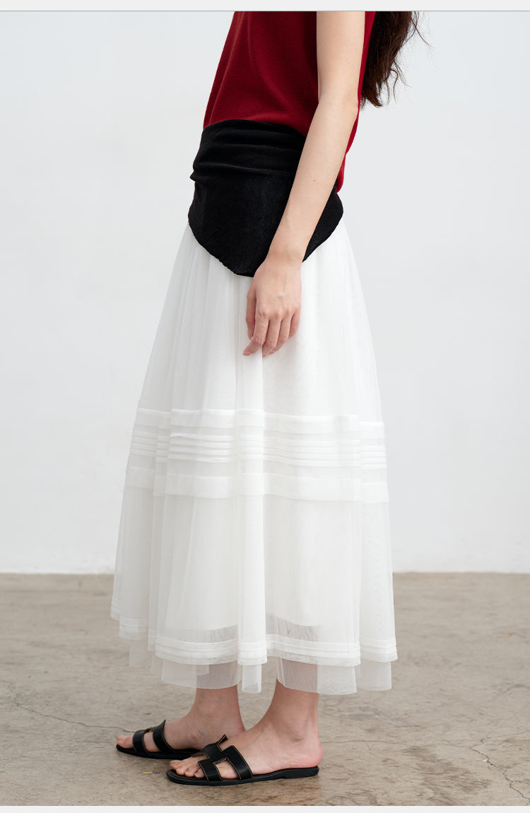 White Striped Mesh Tulle Midi Skirt with Elastic Waist | New Arrivals
