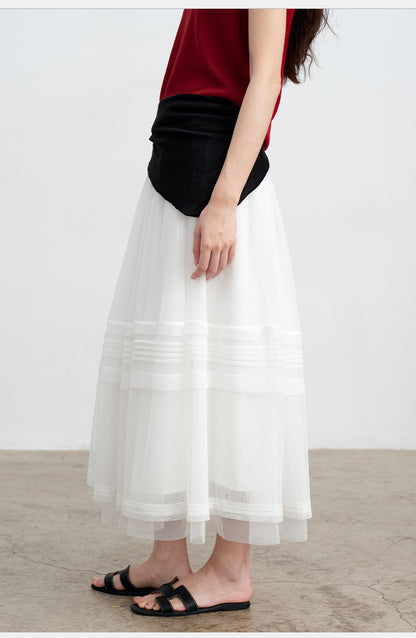 White Striped Mesh Tulle Midi Skirt with Elastic Waist | New Arrivals