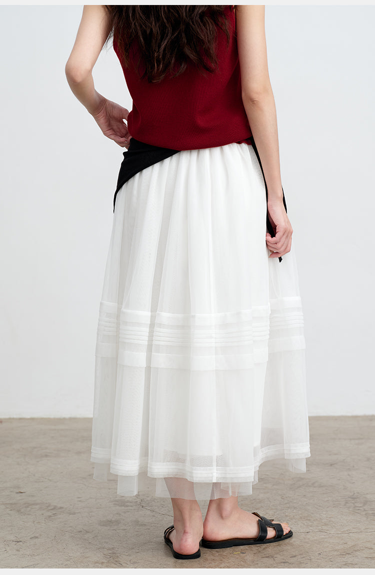 White Striped Mesh Tulle Midi Skirt with Elastic Waist | New Arrivals