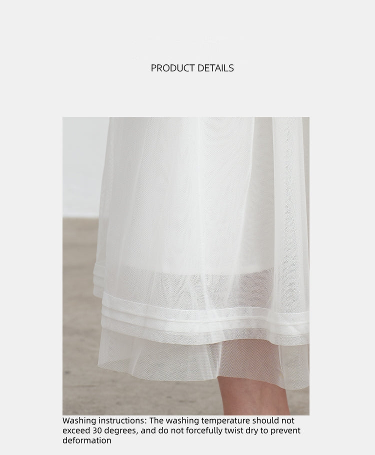 White Striped Mesh Tulle Midi Skirt with Elastic Waist | New Arrivals