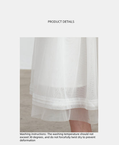 White Striped Mesh Tulle Midi Skirt with Elastic Waist | New Arrivals